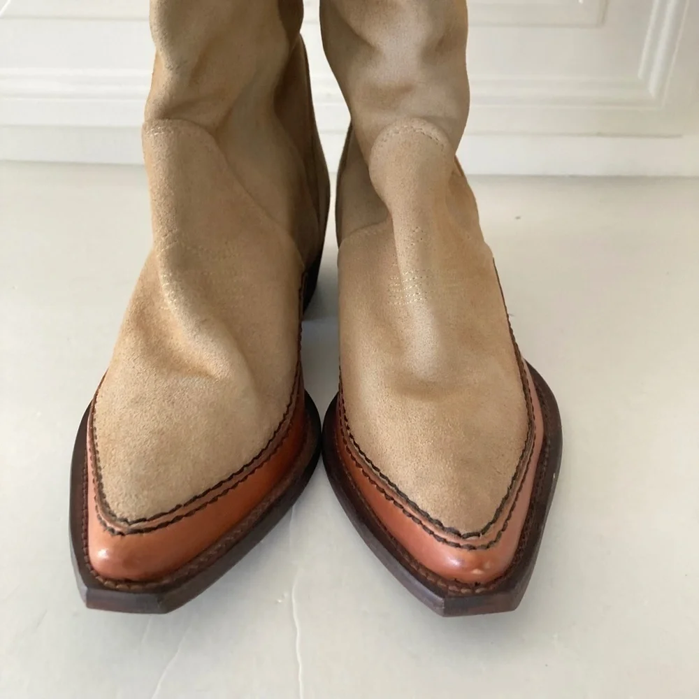 NWOT Free People Sterling Tan Suede Knee High Western Boots Sz 36